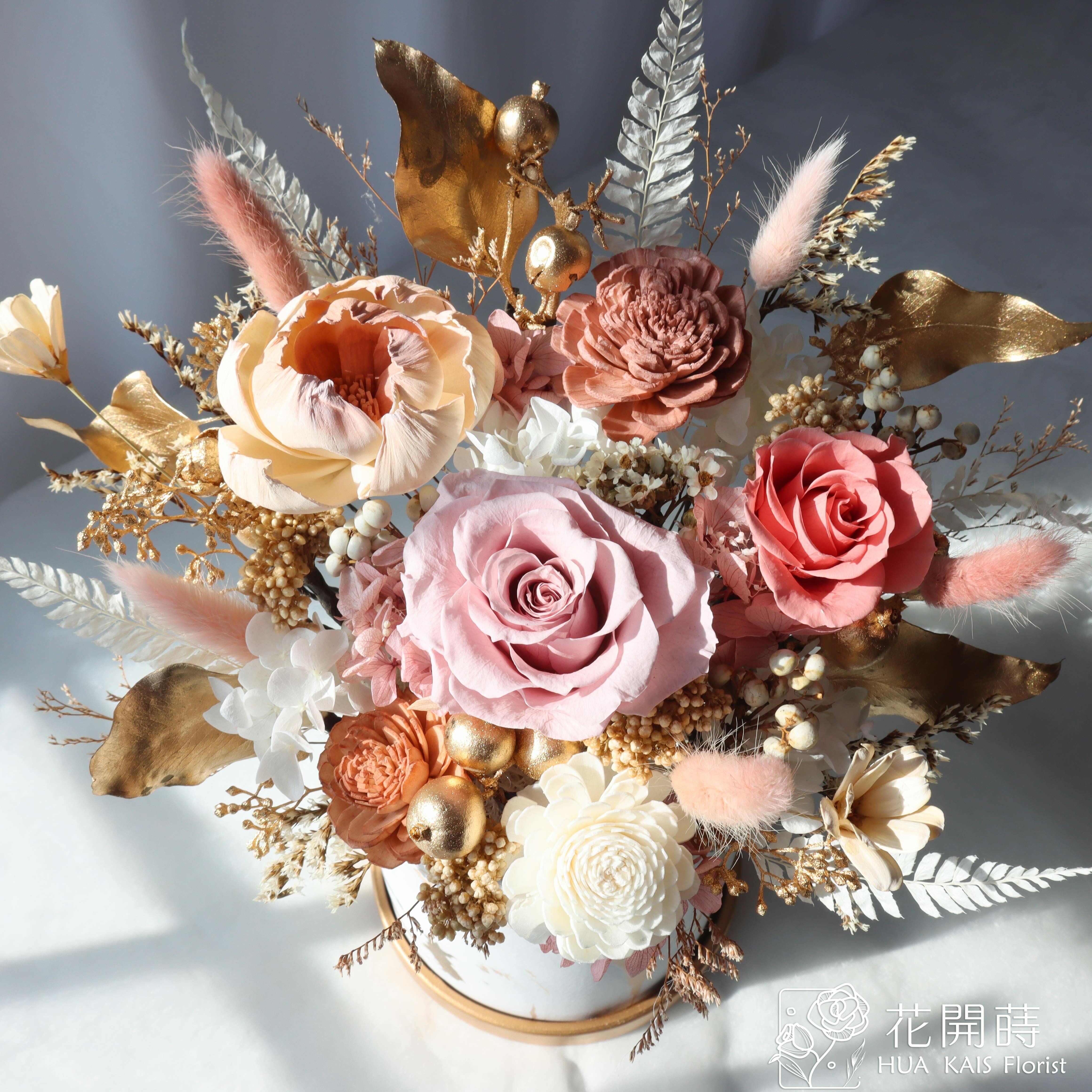 永生桌花|伯爵金大理石桌花L|永生桌花|開幕賀禮|入厝新居|永生花盆花|工業風桌花|藍金色桌花