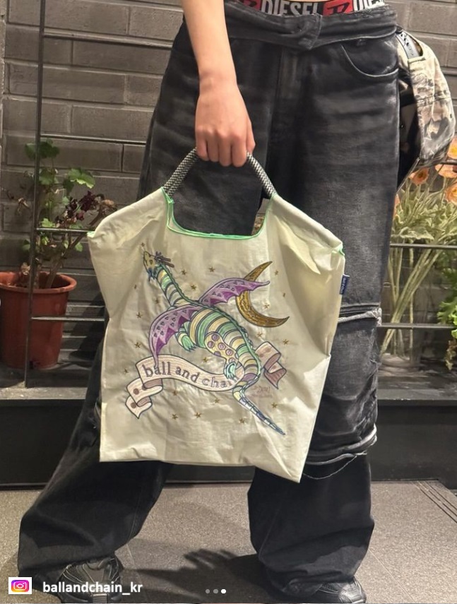 Ball＆Chain 刺繡環保購物袋 M號 - 灰白 (31301384)