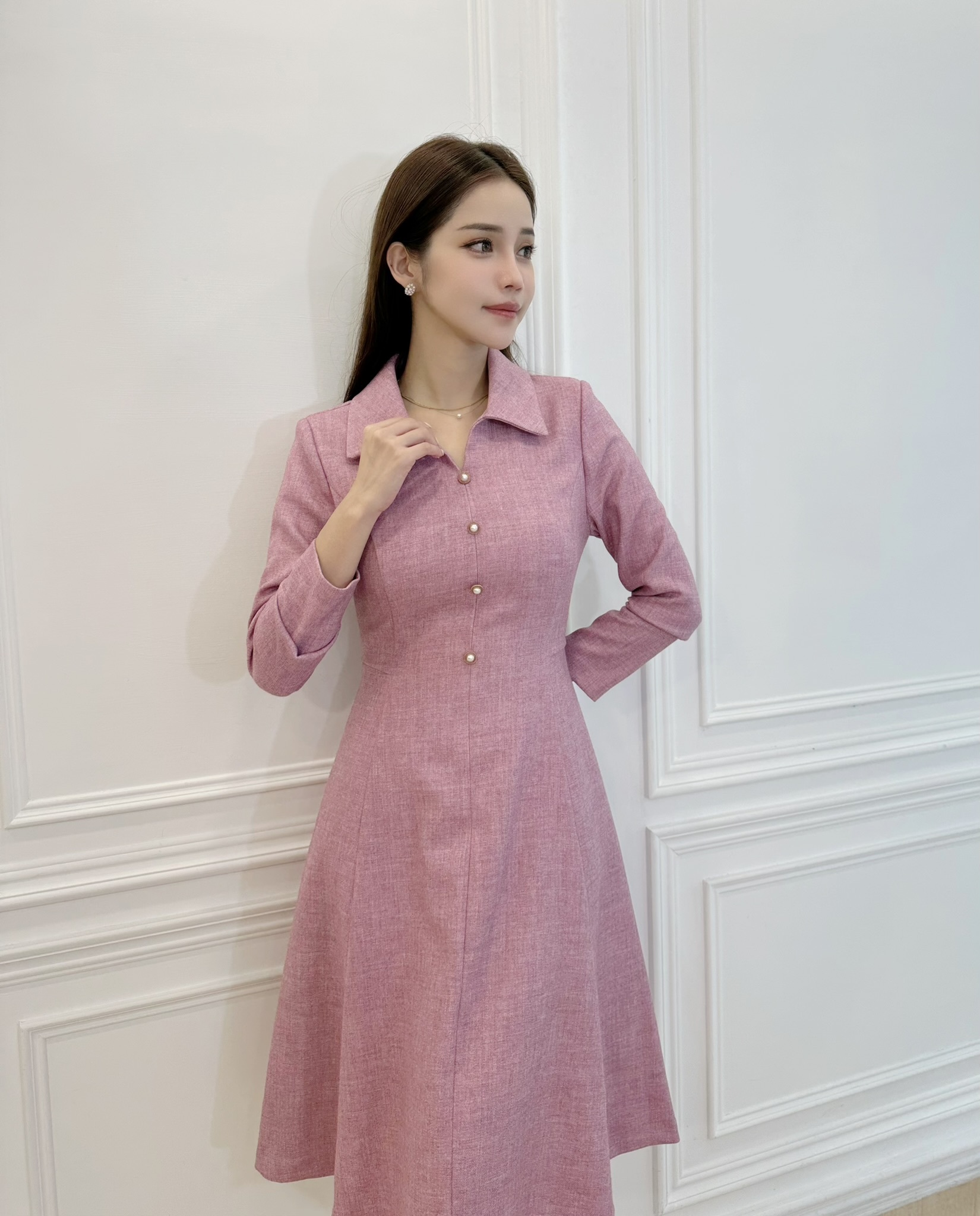 織紋翻領珍珠釦傘洋