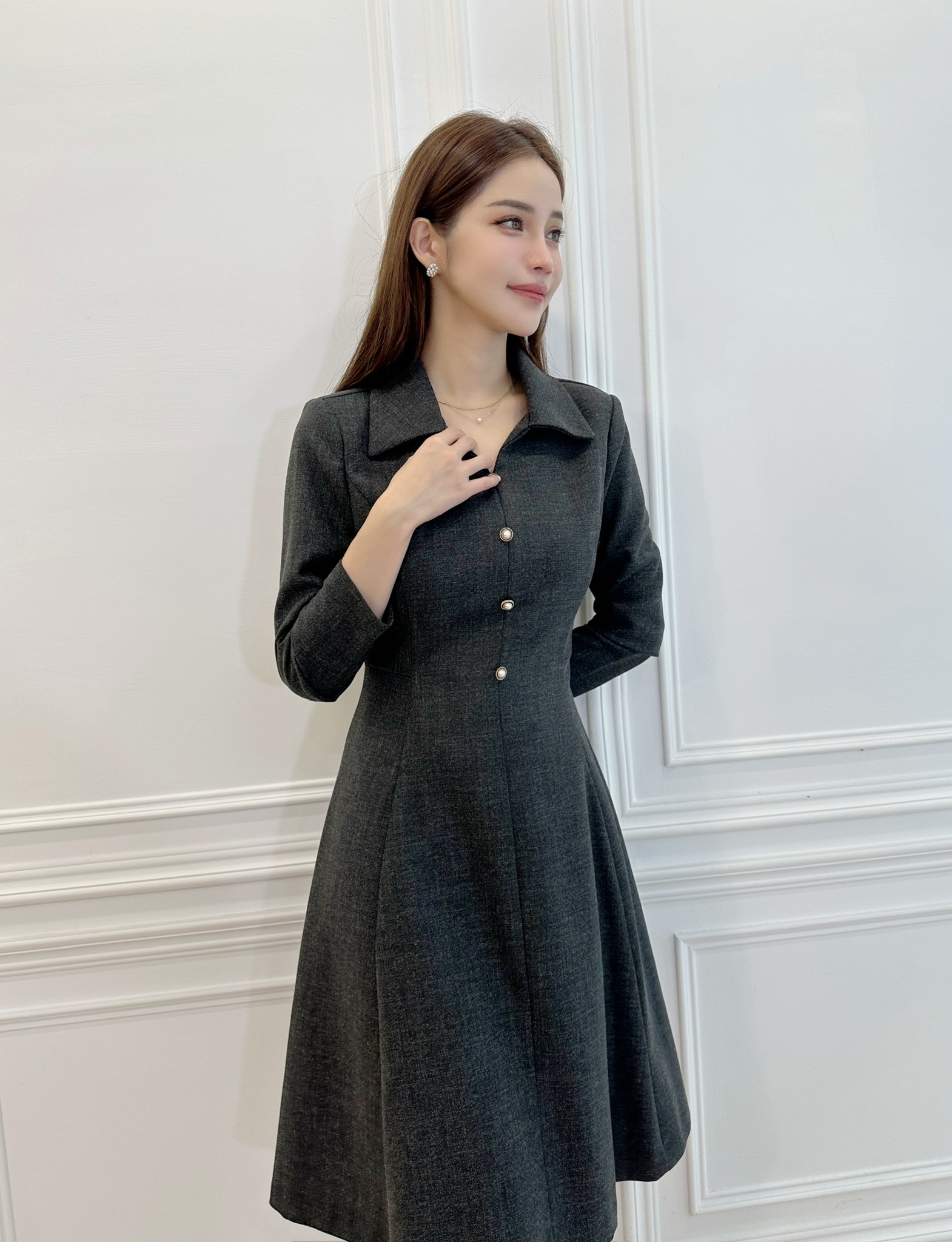 織紋翻領珍珠釦傘洋