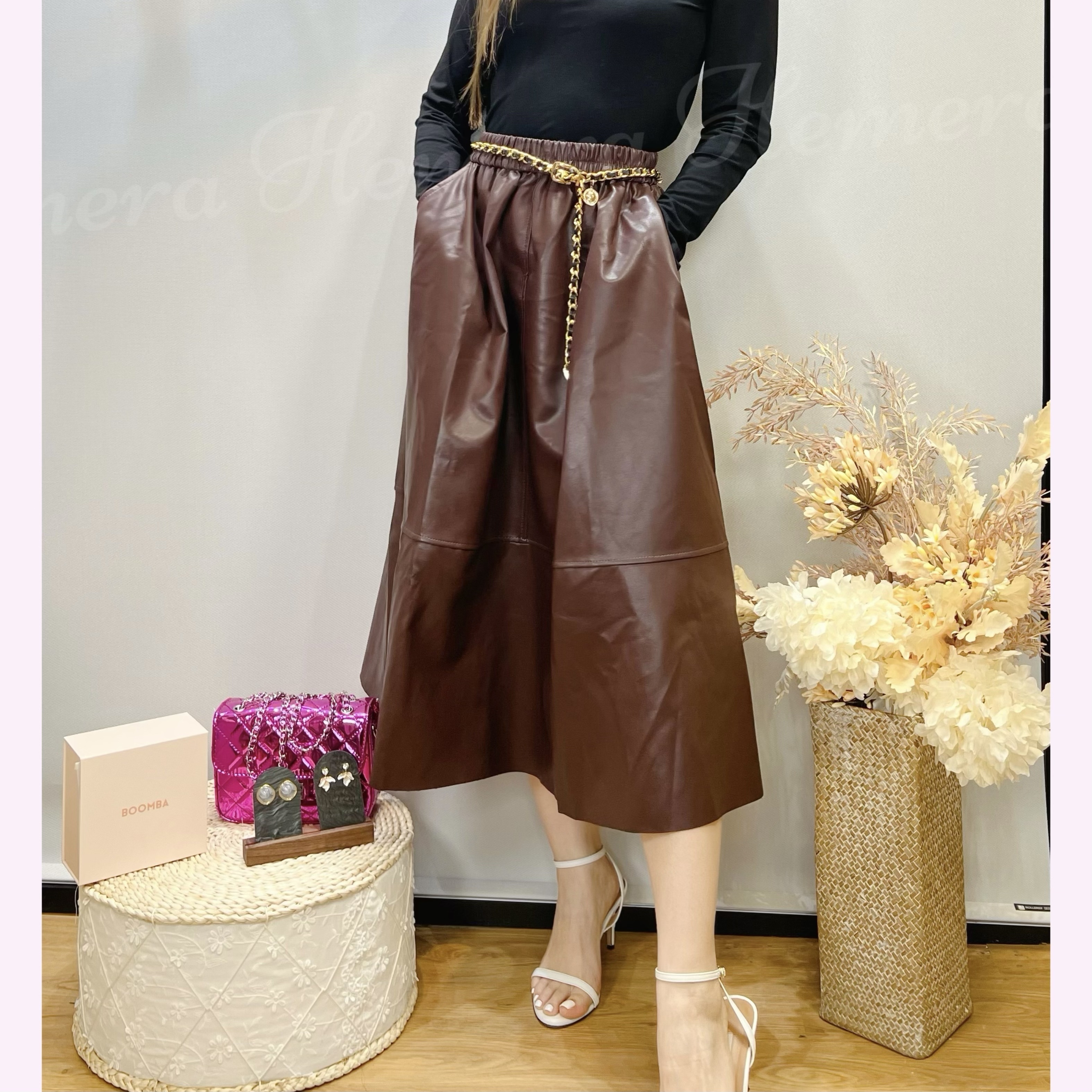 SK24W1116 中長版仿皮顯瘦傘形裙