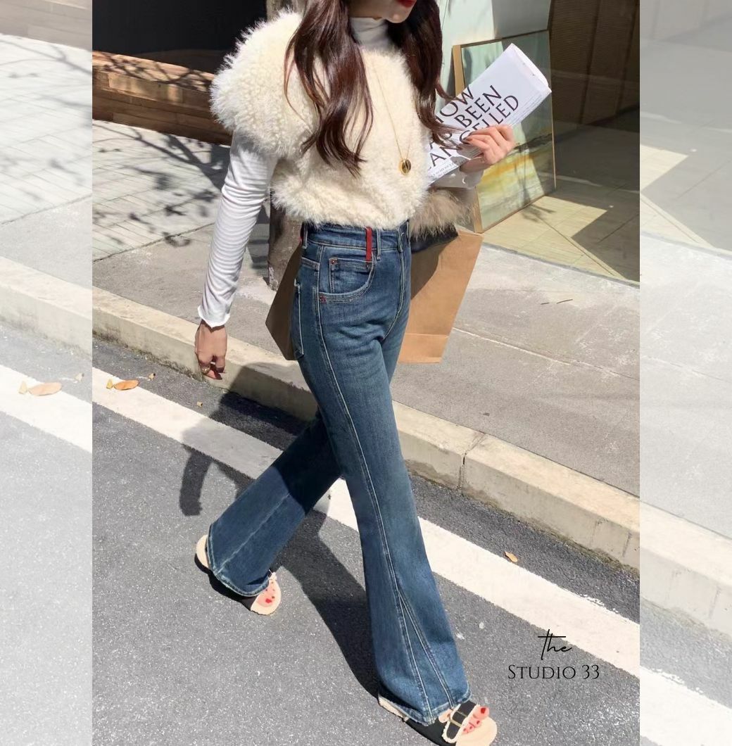 中腰仿舊感顯瘦下方開衩車線喇叭褲(紅色皮標)