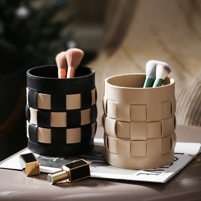 《5237》高級感皮革化妝刷收納桶