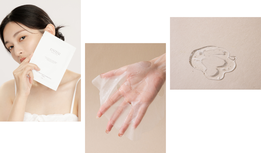 EINI'EINI初時喚光抗老面膜採用天絲面膜,超薄透明又服貼,每片蘊含滿滿28ML複合胜肽精華液,敷後撕下面膜的那刻,感受保水光澤 彷彿回到初時那般的柔潤喚亮