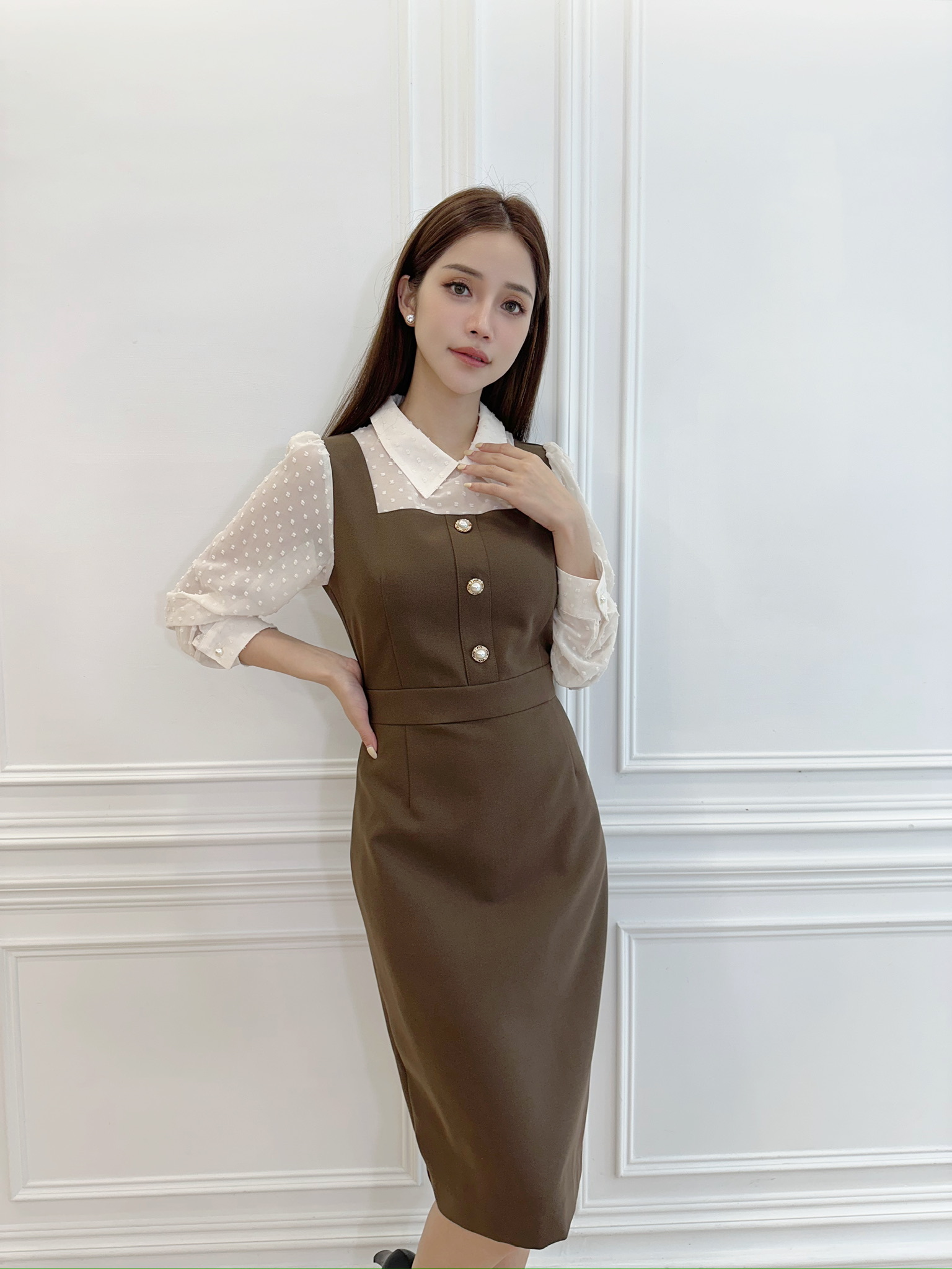 透膚拼接方領長袖洋裝