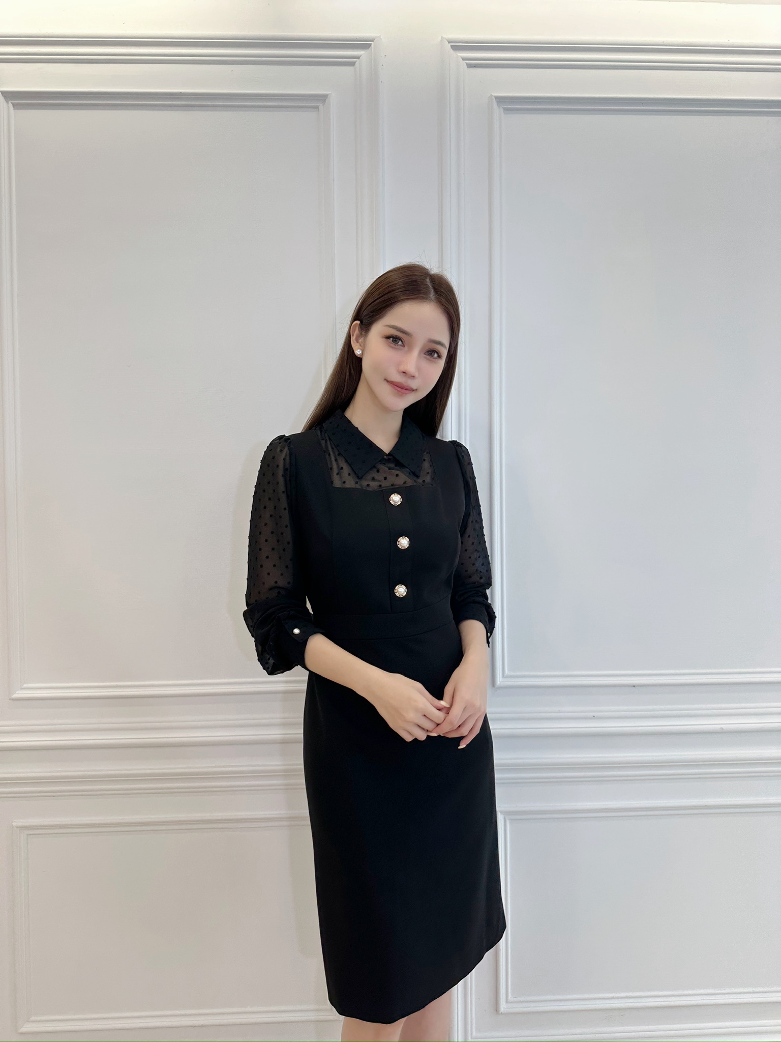 透膚拼接方領長袖洋裝