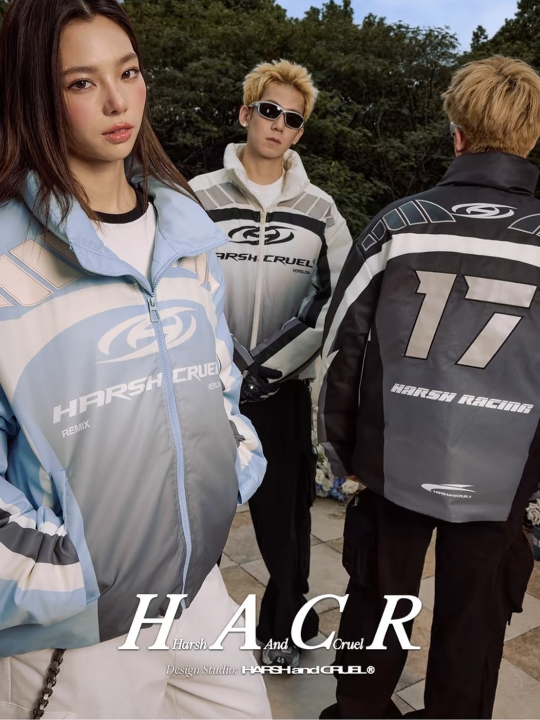 harsh and cruel 撞色分割賽車漸層滿印刺繡貼布輪廓石墨烯保暖棉服