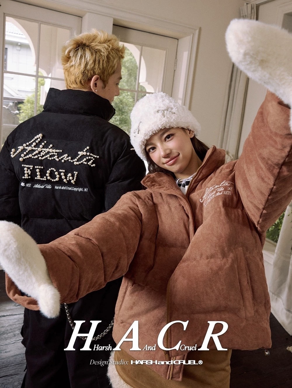 harsh and cruel 美式基礎簡約排版珍珠刺繡麂皮絨石墨烯保暖棉服