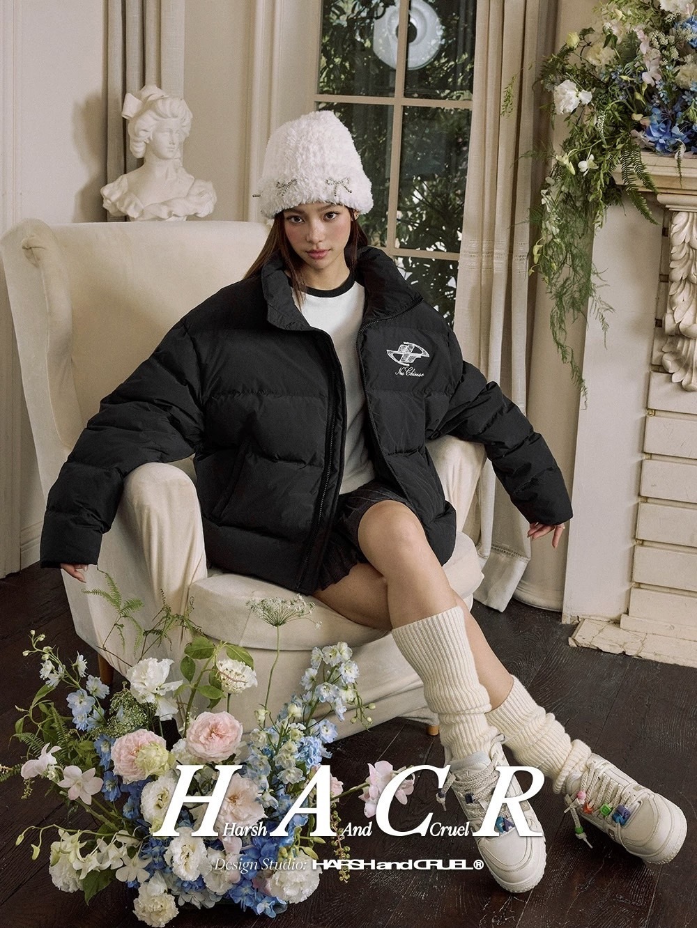 harsh and cruel 蕾絲logo貼布繡綠花環花卉刺繡植物系廓形hacr棉服