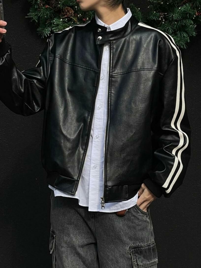 企領雙間拉鍊合成皮褸 JK2556