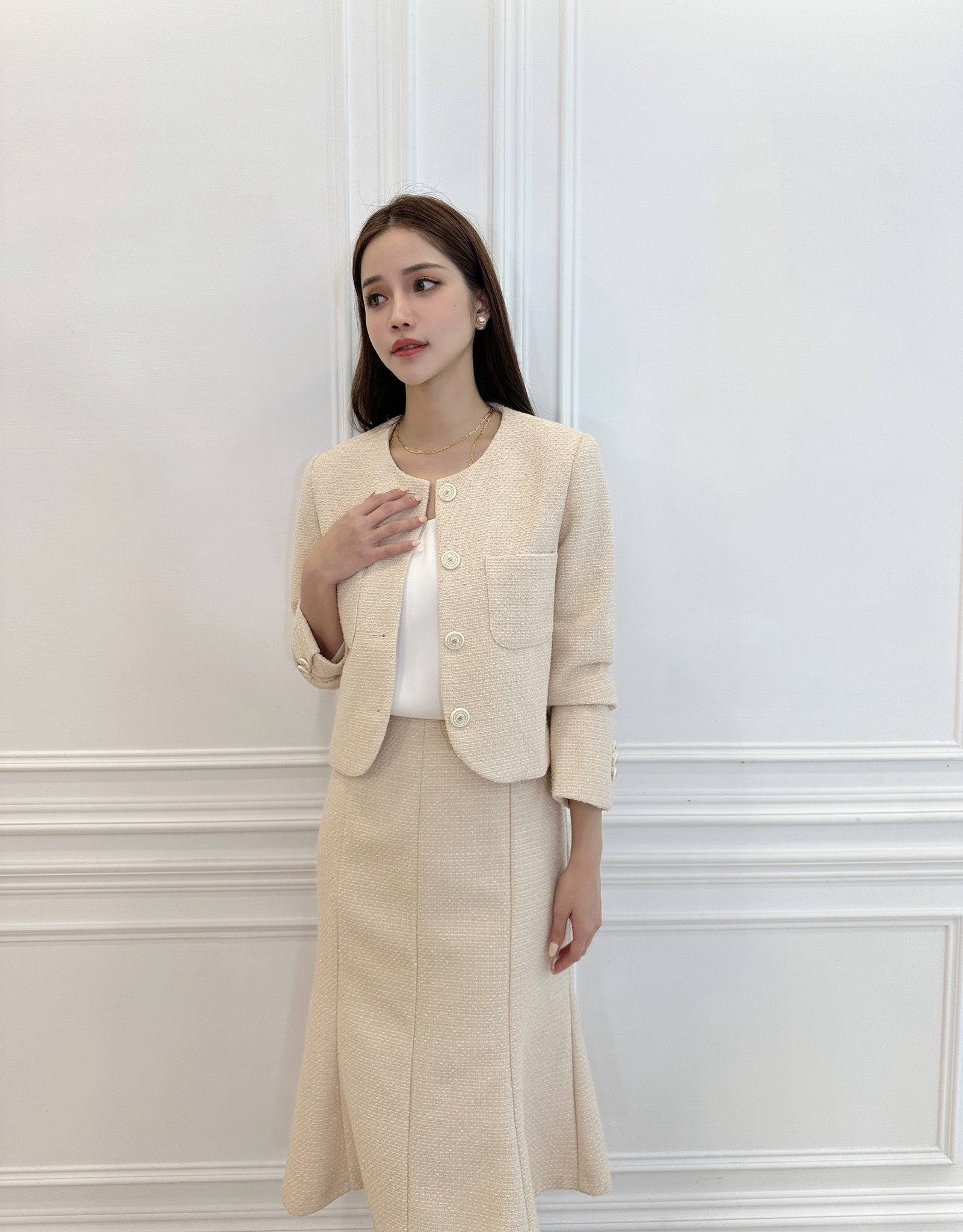 (細緻面料)圓領織紋魚尾裙套裝