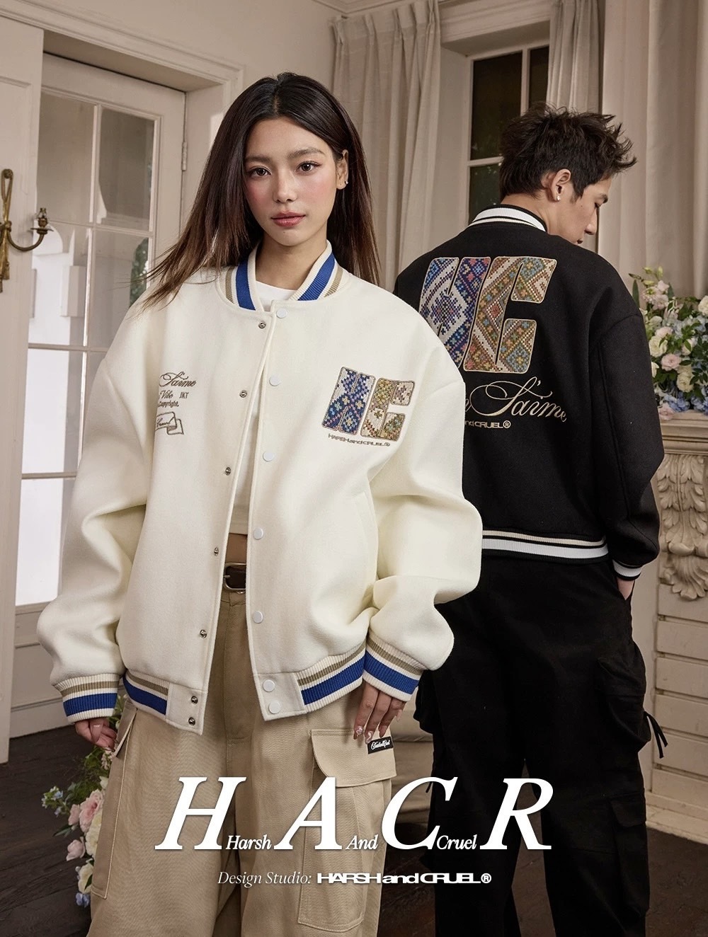 harsh and cruel 民族風手寫體學院感編織布料貼布繡棒球服外套