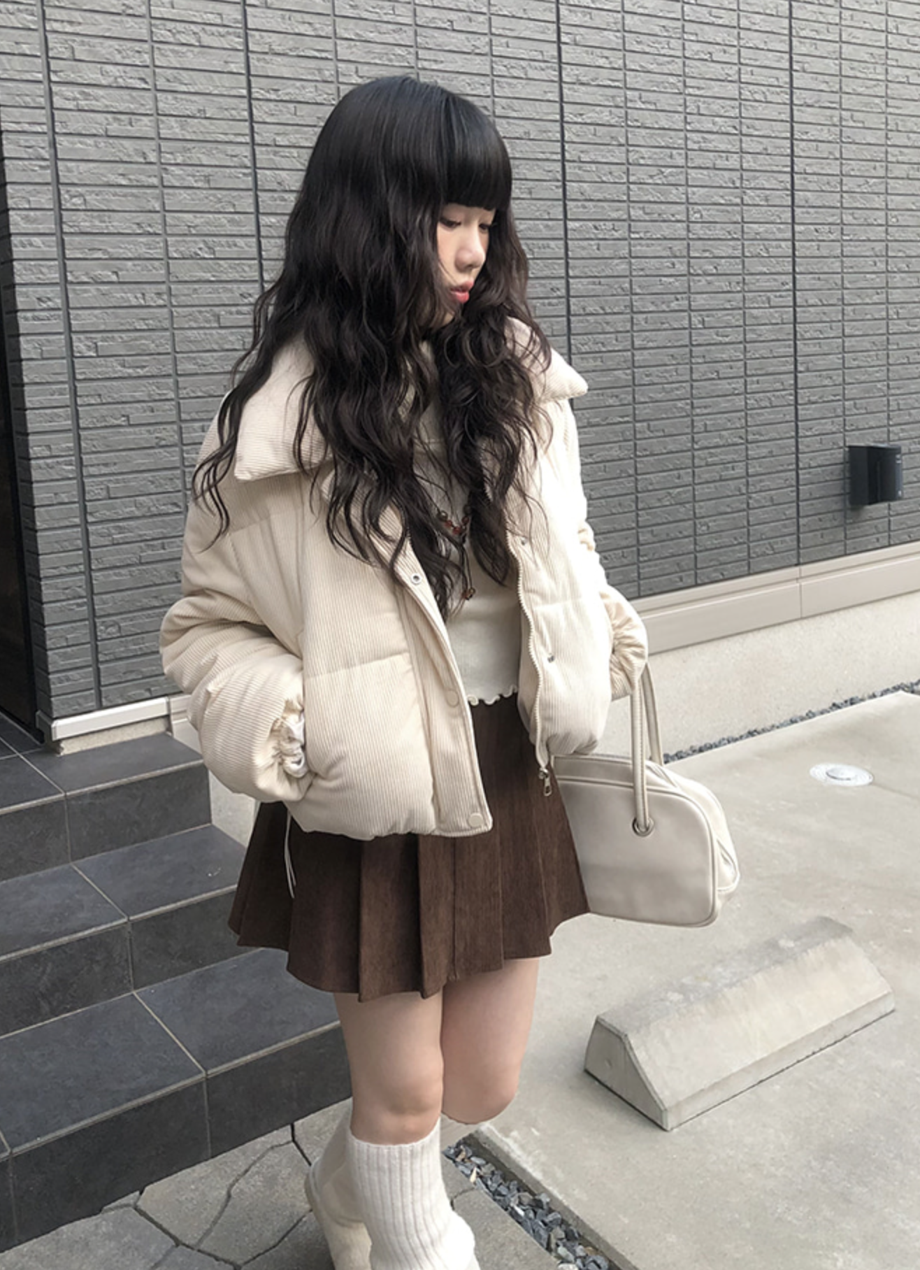 韓國連線🇰🇷 Anyonemore 翻領燈芯絨外套 厚款 短版 燈芯絨 外套 秋冬 米白色 粉色 天空藍色 黑色/預購