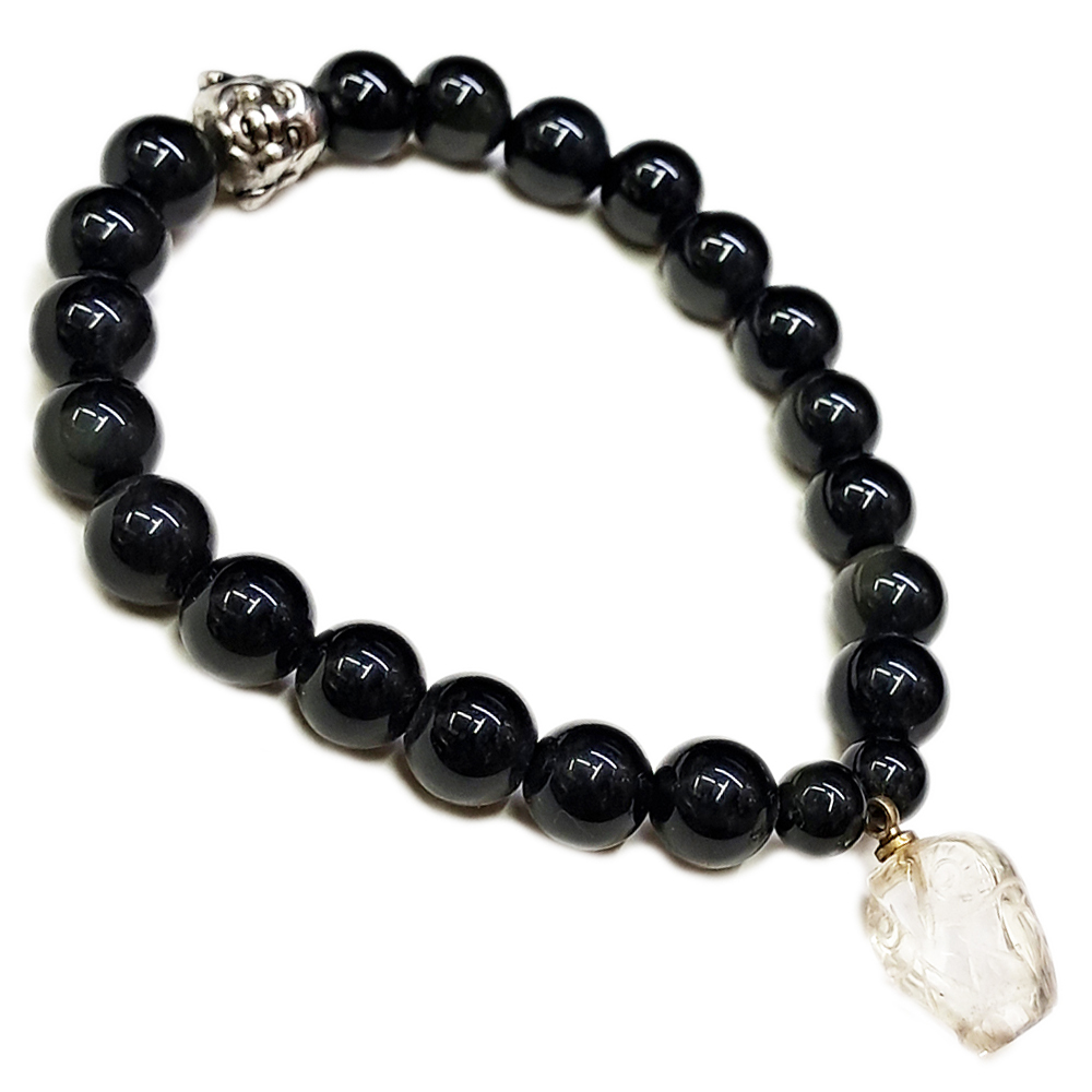 水晶(貓頭鷹)+黑曜岩手珠8mm【十方】140091