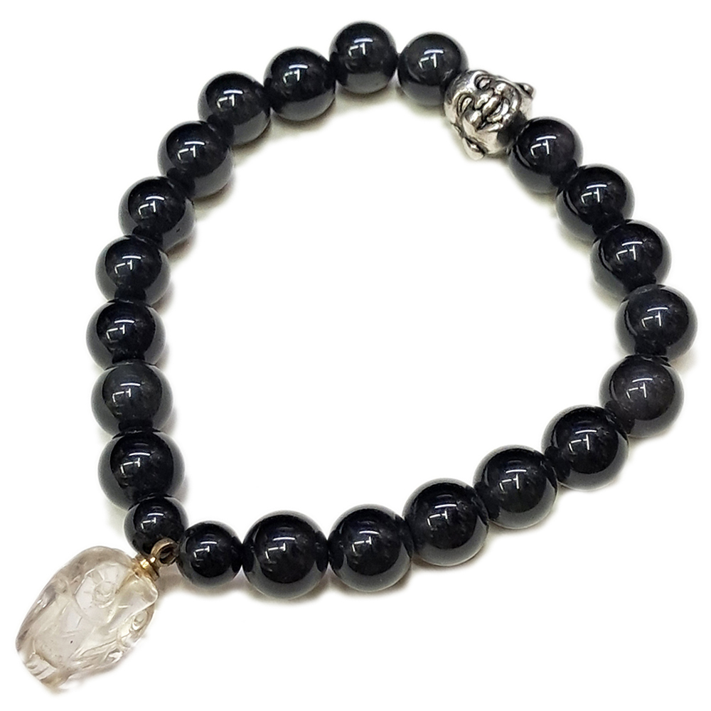 水晶(貓頭鷹)+黑曜岩手珠8mm【十方】140091