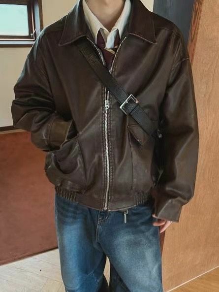 洗水反領拉鍊合成皮褸 JK2559