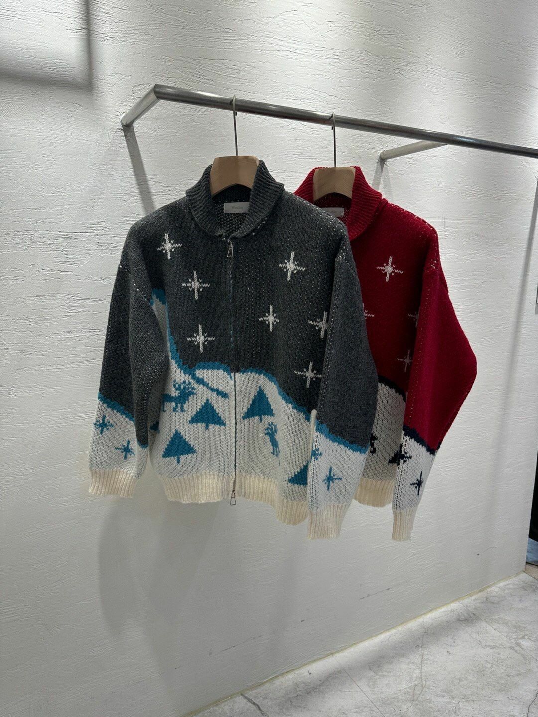 反領鹿花拉鍊針織外套 JK2562