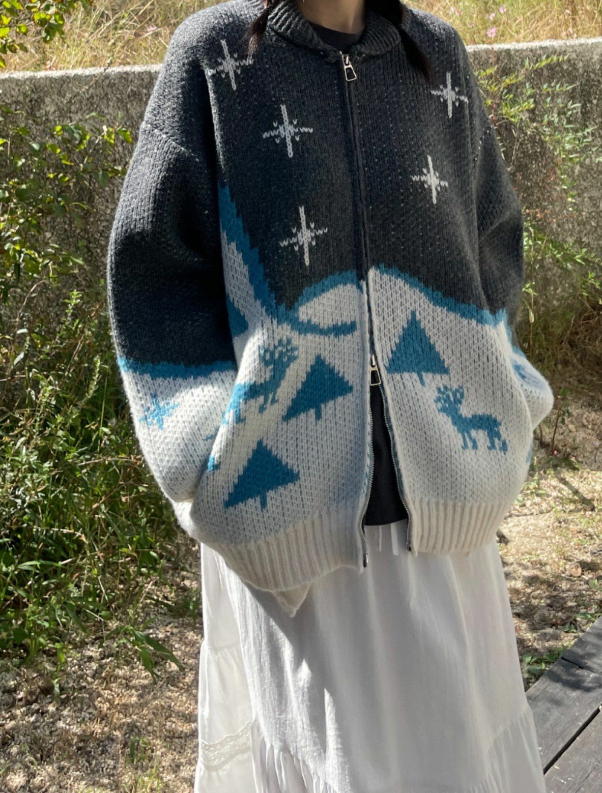 反領鹿花拉鍊針織外套 JK2562