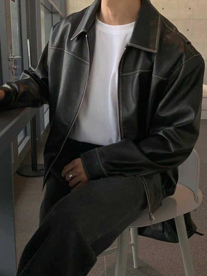 洗水反領拉鍊合成皮褸 JK2560