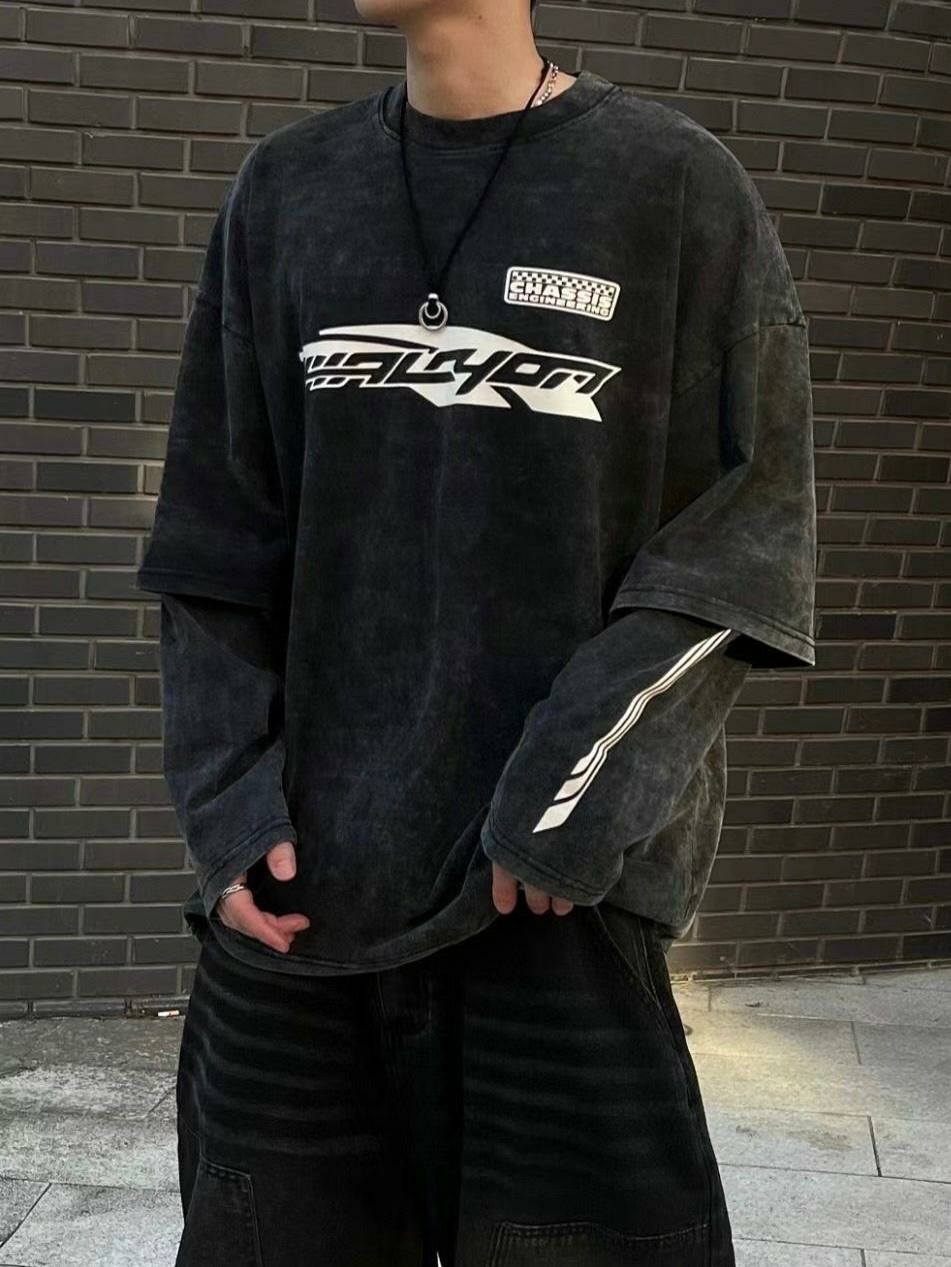 洗水英文字假兩件長袖衫 TAC-0019T