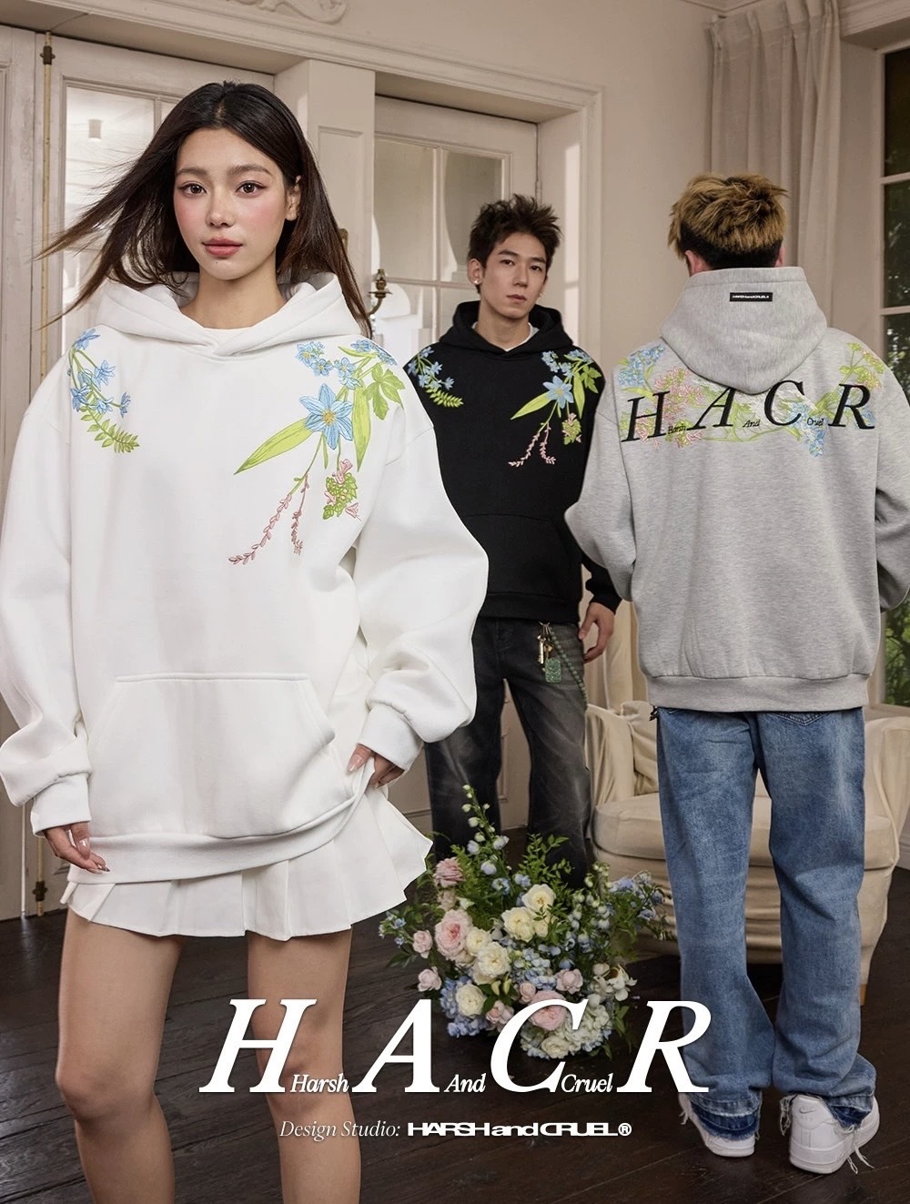 harsh and cruel 經典繁花過肩環繞刺繡配色植物系​​hacr連帽衛衣