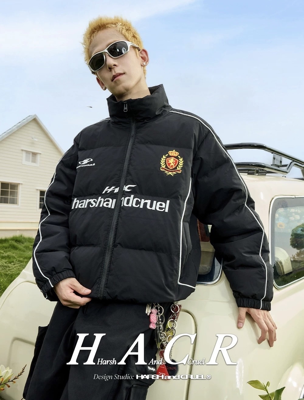 harsh and cruel 復古運動足球俱樂部拼接刺繡徽章立領保暖羽絨服