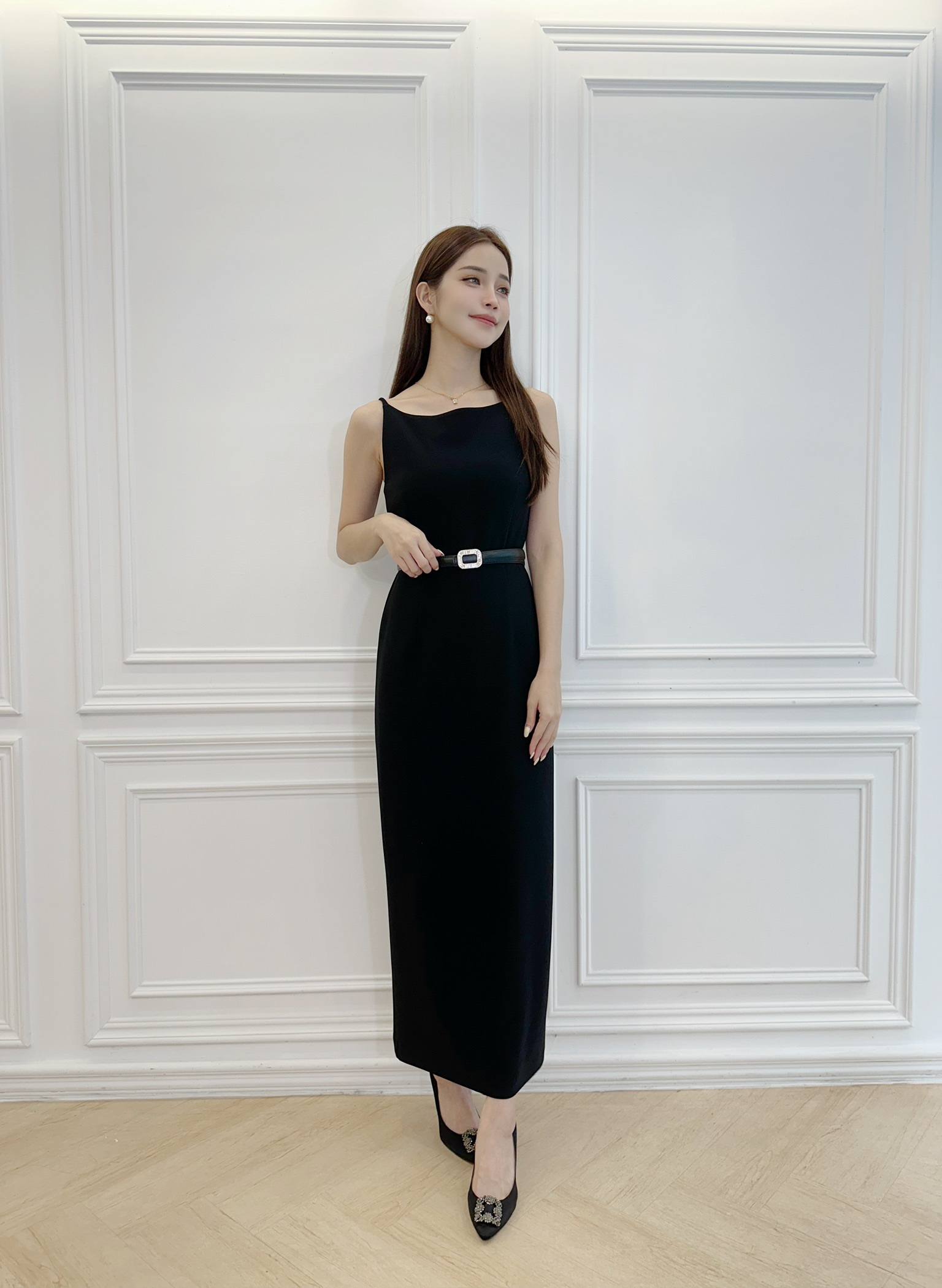 細帶船領棉料長洋裝