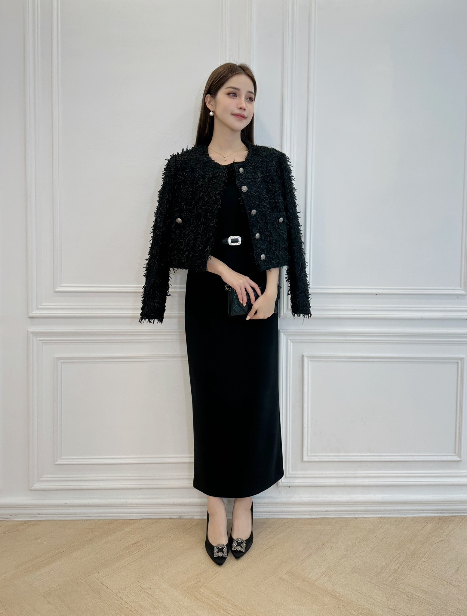 細帶船領棉料長洋裝