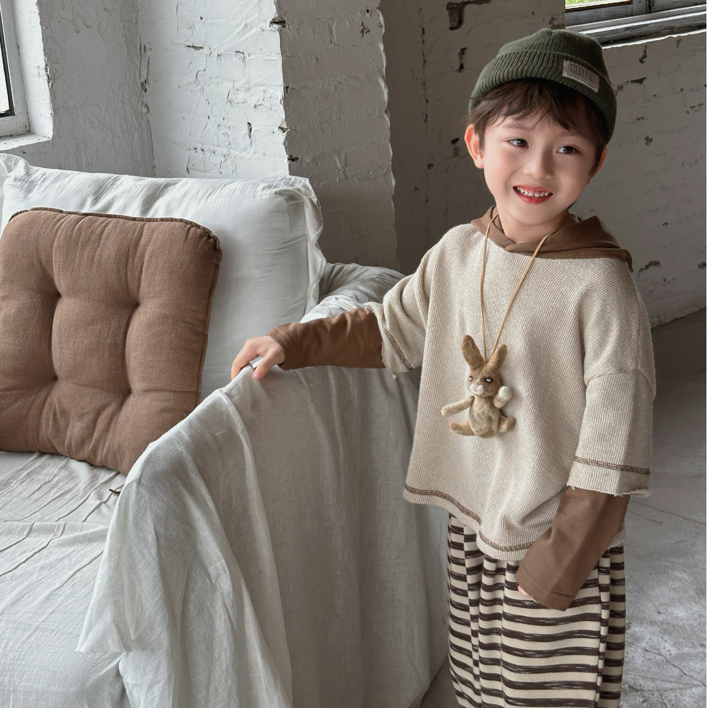 【H45119】日系質感針織假兩件連帽上衣/帽T