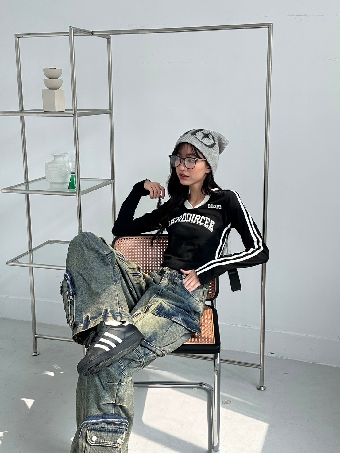 韓女混搭⚡️復古印花短版V領球衣2colors