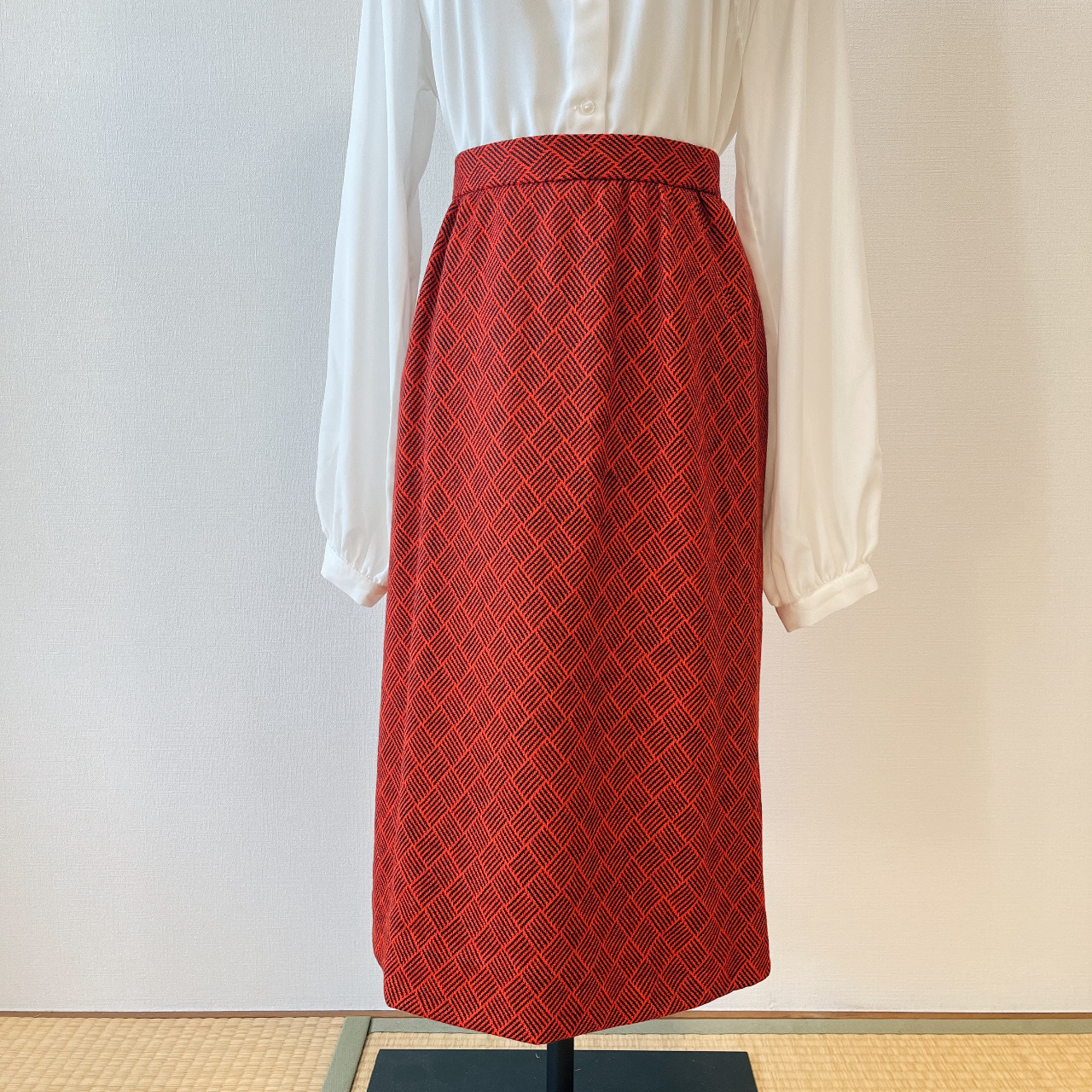 橙紅色菱形格紋羊毛半裙