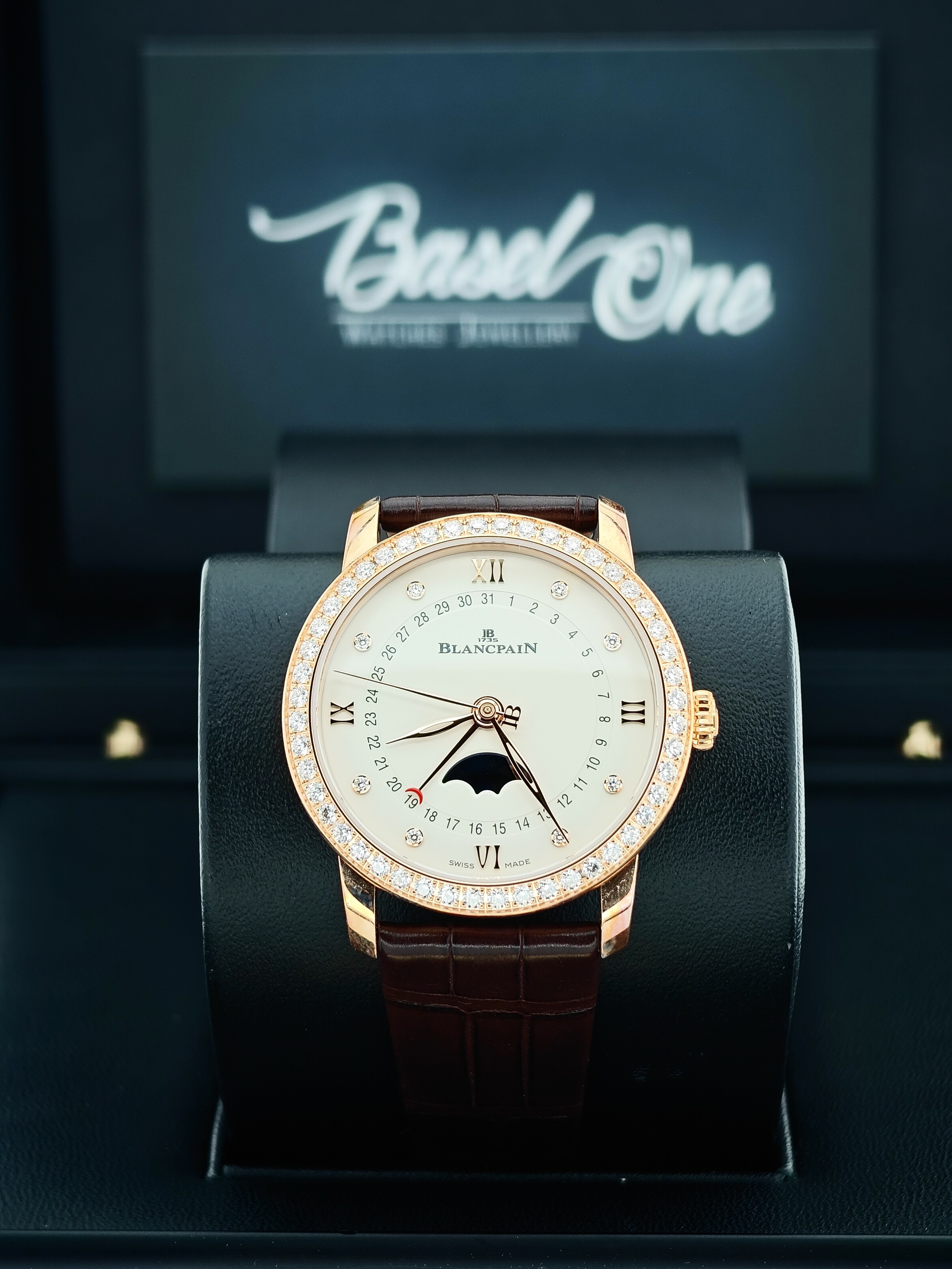 BRAND NEW BLANCPAIN 6126 2987 55A WHITE DIAL WITH DIAMOND VILLERET QUANTIEME PHASES DE LUNE ROSE GOLD 33 MM