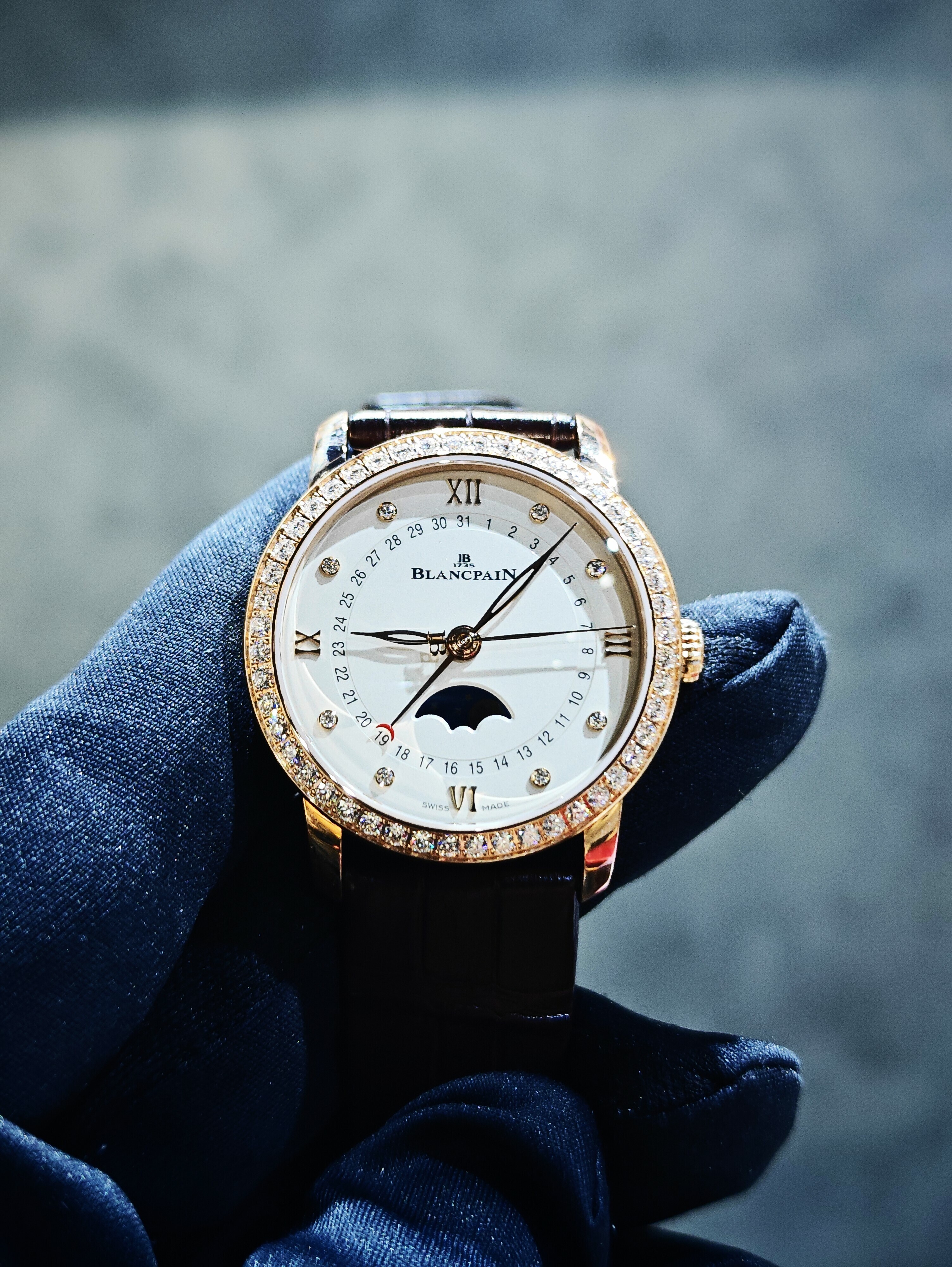 BRAND NEW BLANCPAIN 6126 2987 55A WHITE DIAL WITH DIAMOND VILLERET QUANTIEME PHASES DE LUNE ROSE GOLD 33 MM