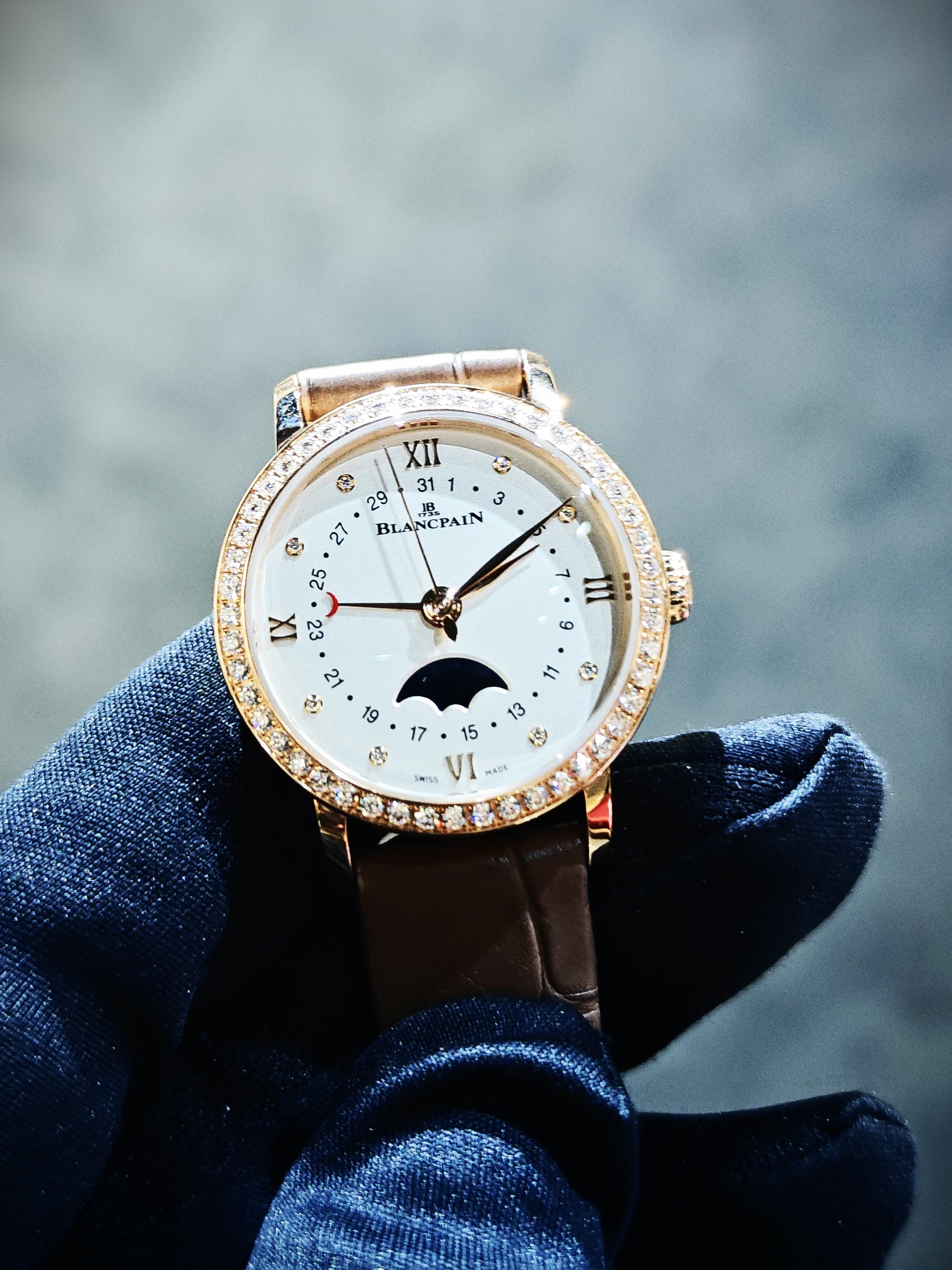BRAND NEW BLANCPAIN 6106 2987 55A WHITE DIAL WITH DIAMOND VILLERET QUANTIEME PHASES DE LUNE ROSE GOLD 29 MM