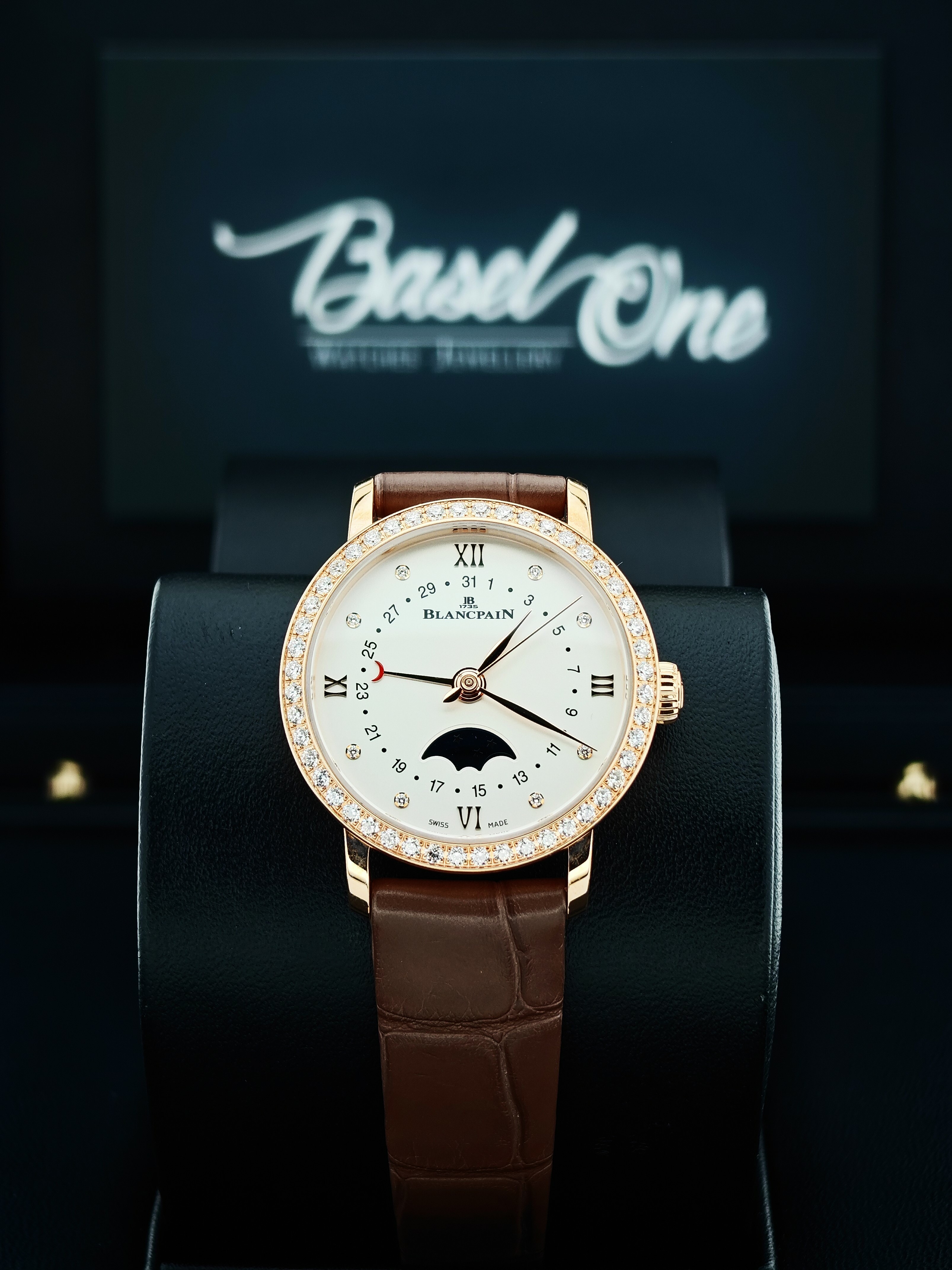 BRAND NEW BLANCPAIN 6106 2987 55A WHITE DIAL WITH DIAMOND VILLERET QUANTIEME PHASES DE LUNE ROSE GOLD 29 MM