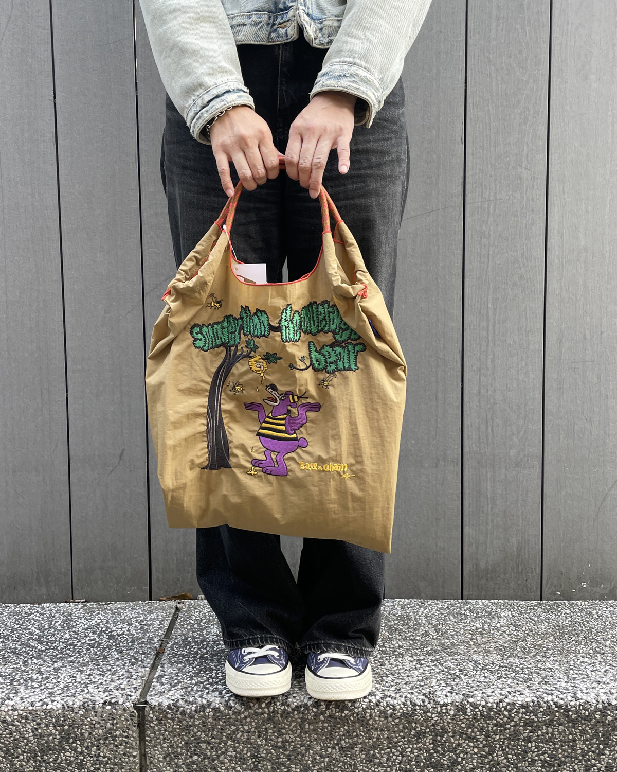 Ball＆Chain 刺繡環保購物袋 M號 - 卡其 (31400703)