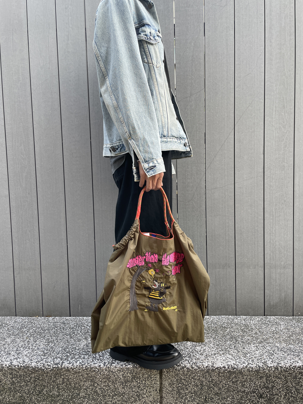 Ball＆Chain 刺繡環保購物袋 L號 - 橄欖綠 (31410713)