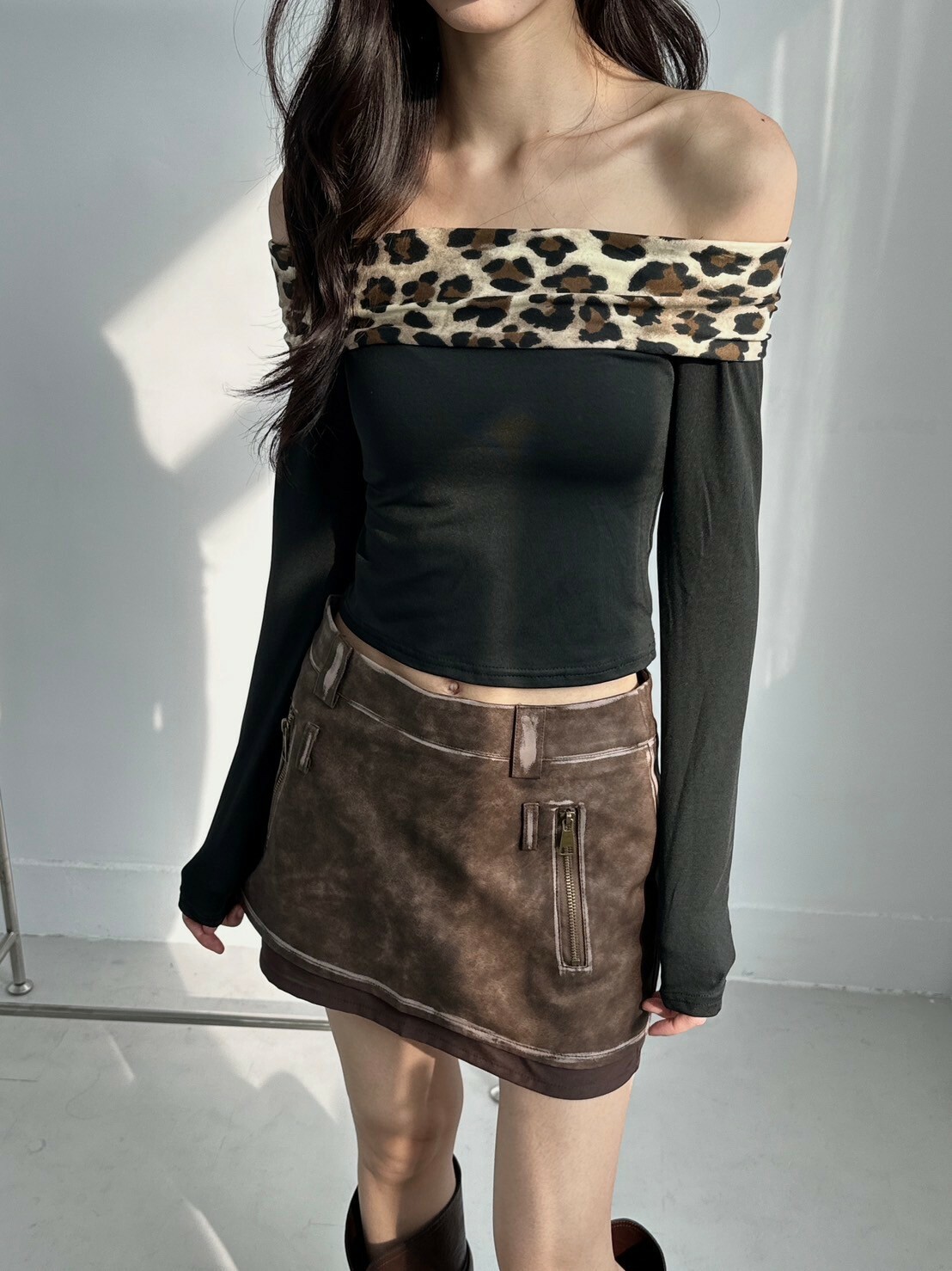 財閥千金🥂 做舊渲染 雙層拼接A字皮裙 2colors
