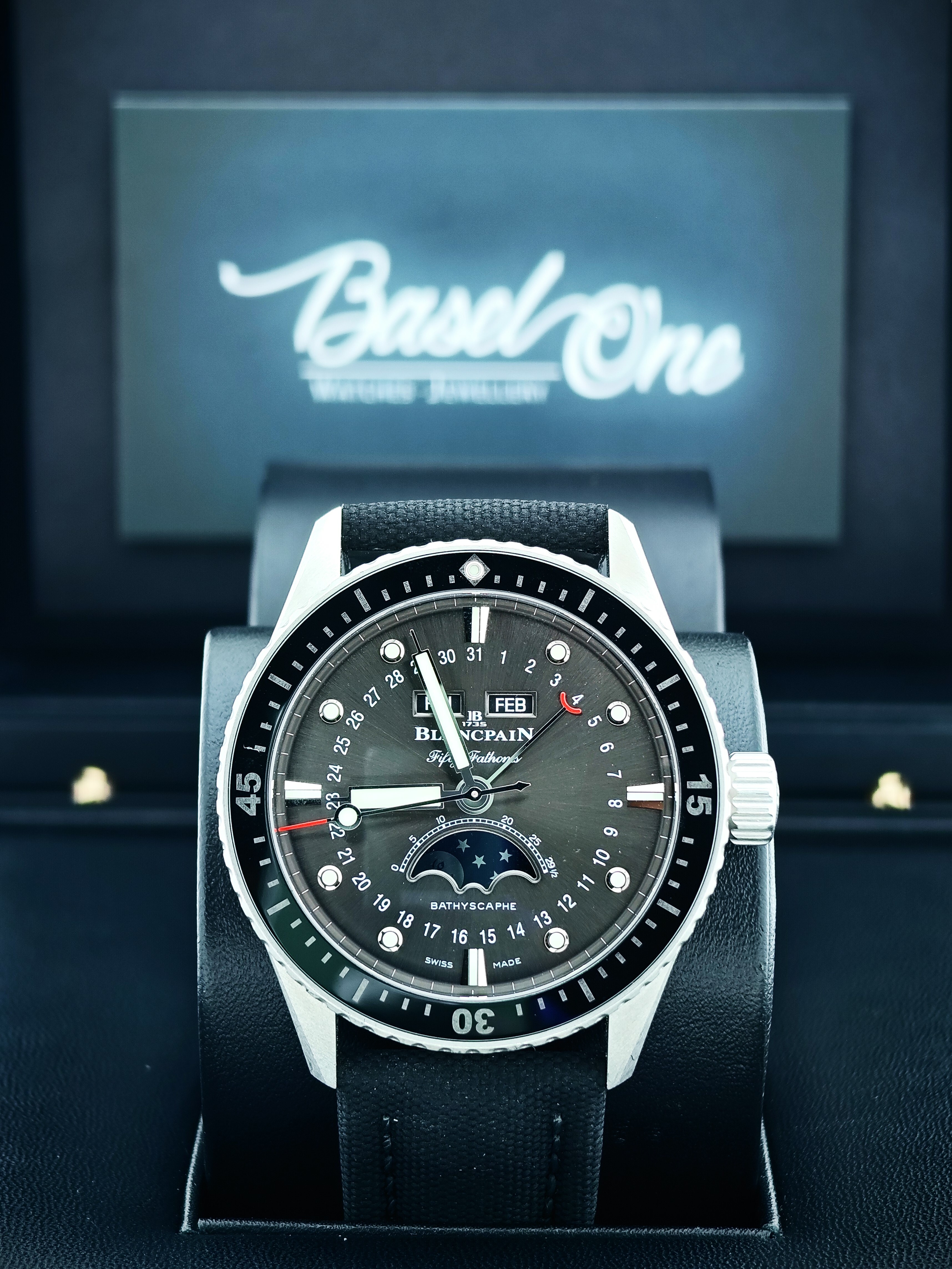 BRAND NEW BLANCPAIN FIFTY FATHOMS 5054-1110-B52A BACK DIAL MOON PHASES WITH CANVAS STRAP