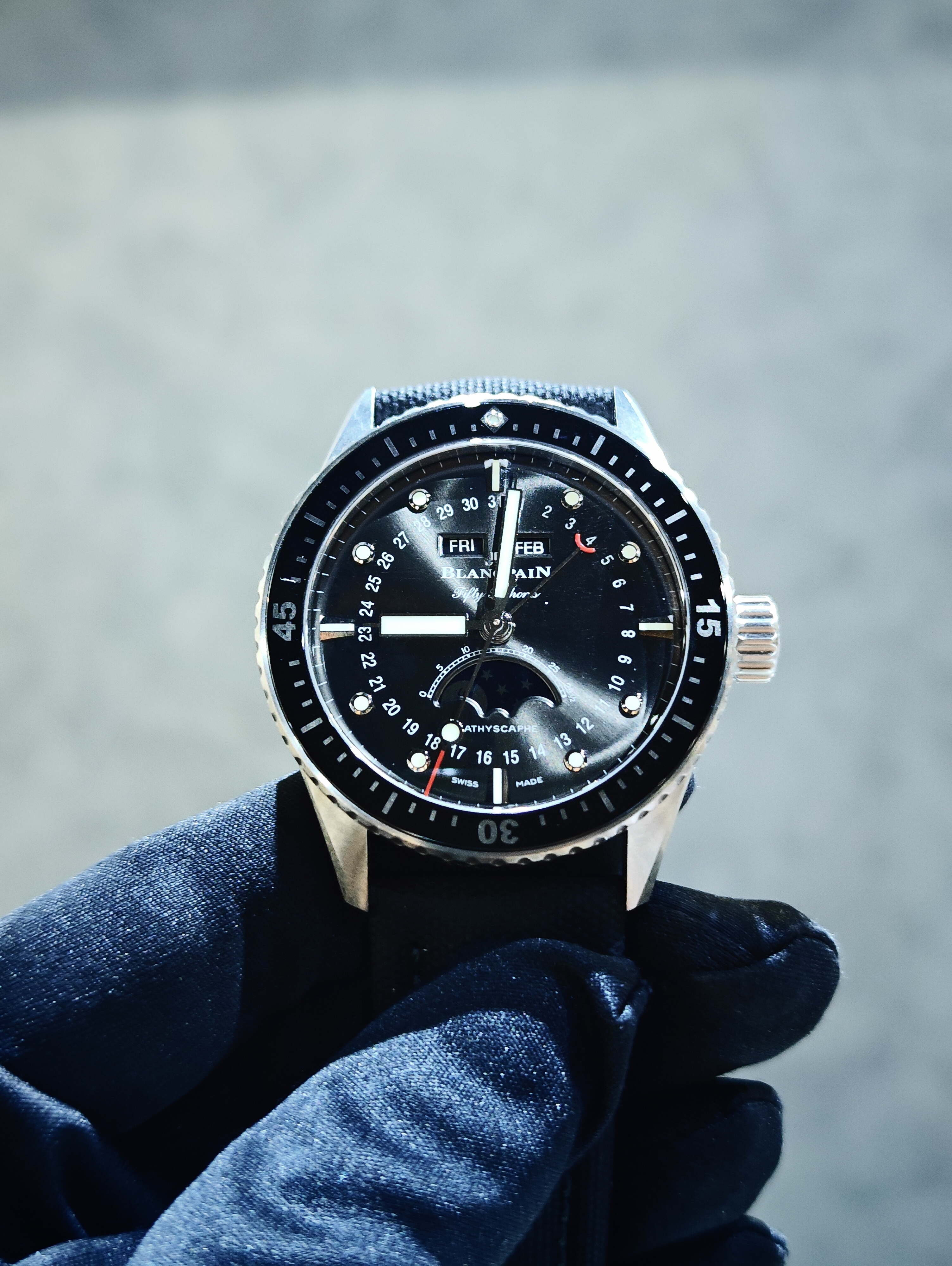 BRAND NEW BLANCPAIN FIFTY FATHOMS 5054-1110-B52A BACK DIAL MOON PHASES WITH CANVAS STRAP