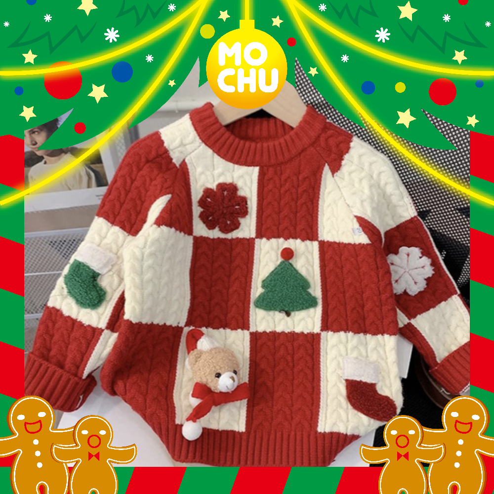 (110cm現貨)聖誕紅白拼接格針織毛衣