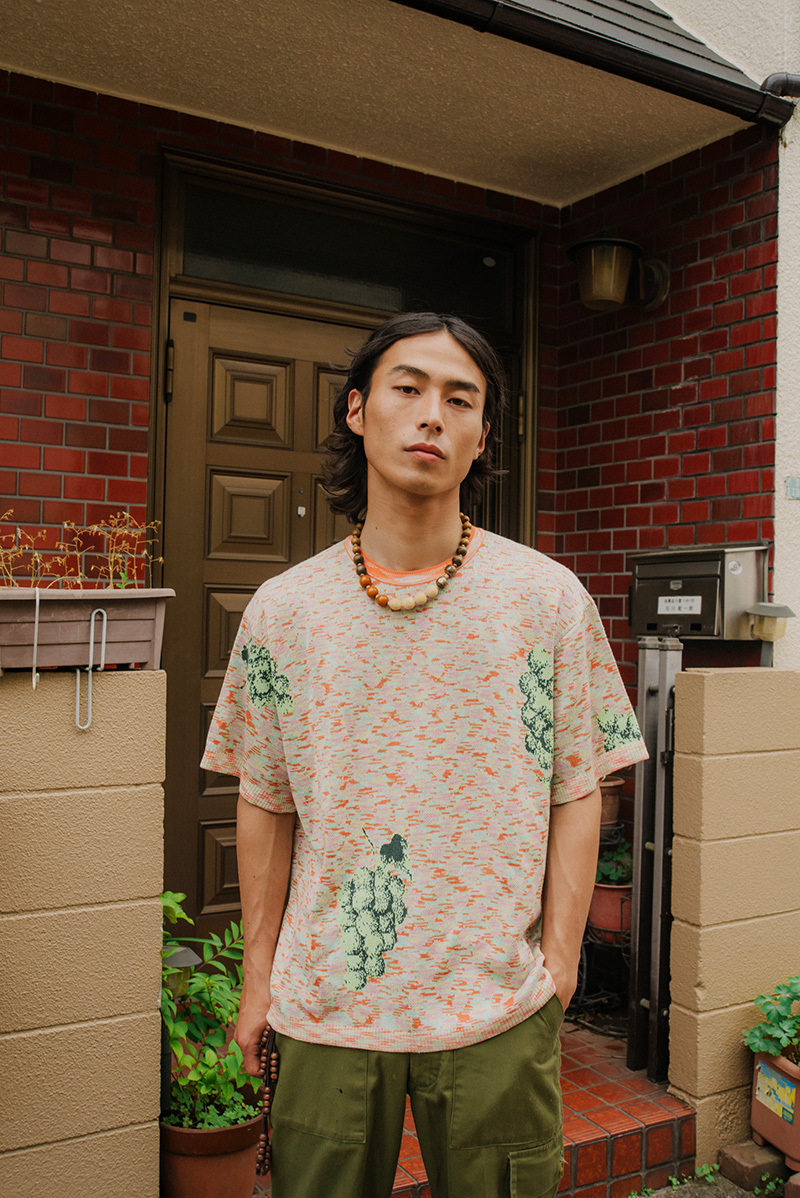 Grapes on Tablecloth Short-sleeves Knit Top- Orange