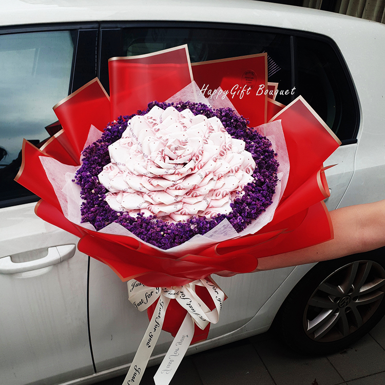 52張鈔票花束(百元鈔紅粉滿天星),有錢花,有錢花束,讓你有錢花,52-pieces-banknote-money-baby's-breath-bouquet-black-wrapper