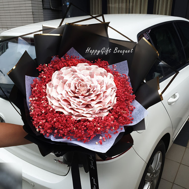 52張鈔票花束(百元鈔紅粉滿天星),有錢花,有錢花束,讓你有錢花,52-pieces-banknote-money-baby's-breath-bouquet-black-wrapper