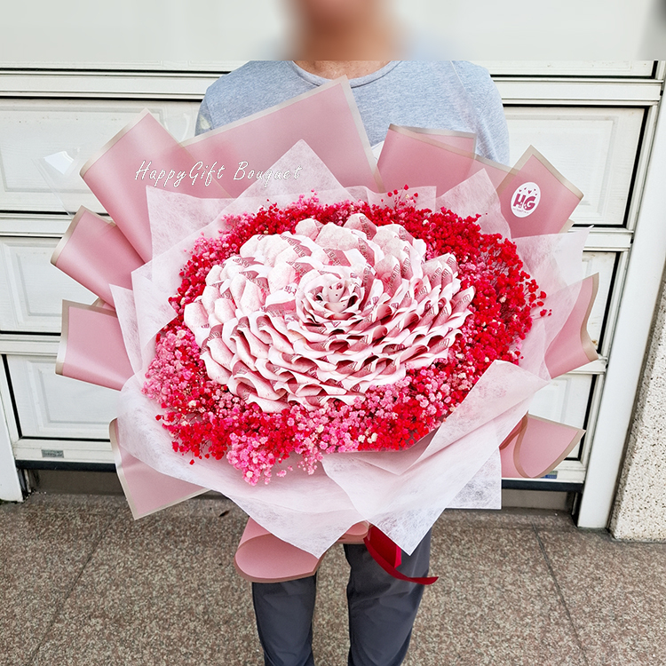 66張我愛你鈔票花束,有錢花,有錢花束,66-pieces-banknote-money-baby's-breath-bouquet-black-wrapper