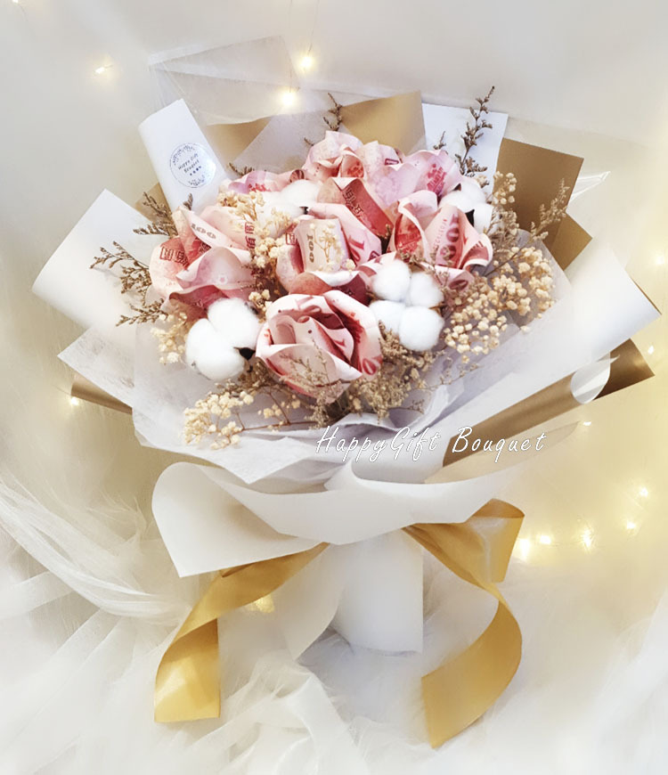 8朵鈔票花玫瑰花束,24張鈔票花束,鈔票乾燥花束,白色包裝,white wrapper 24 banknote flower rose bouquet, 36 banknote bouquet, banknote dried bouquet