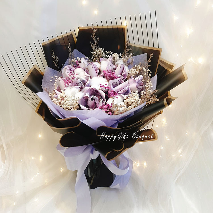 8朵鈔票花玫瑰花束,24張鈔票花束,鈔票乾燥花束,紫色包裝,white wrapper 24 banknote flower rose bouquet, 36 banknote bouquet, banknote dried bouquet