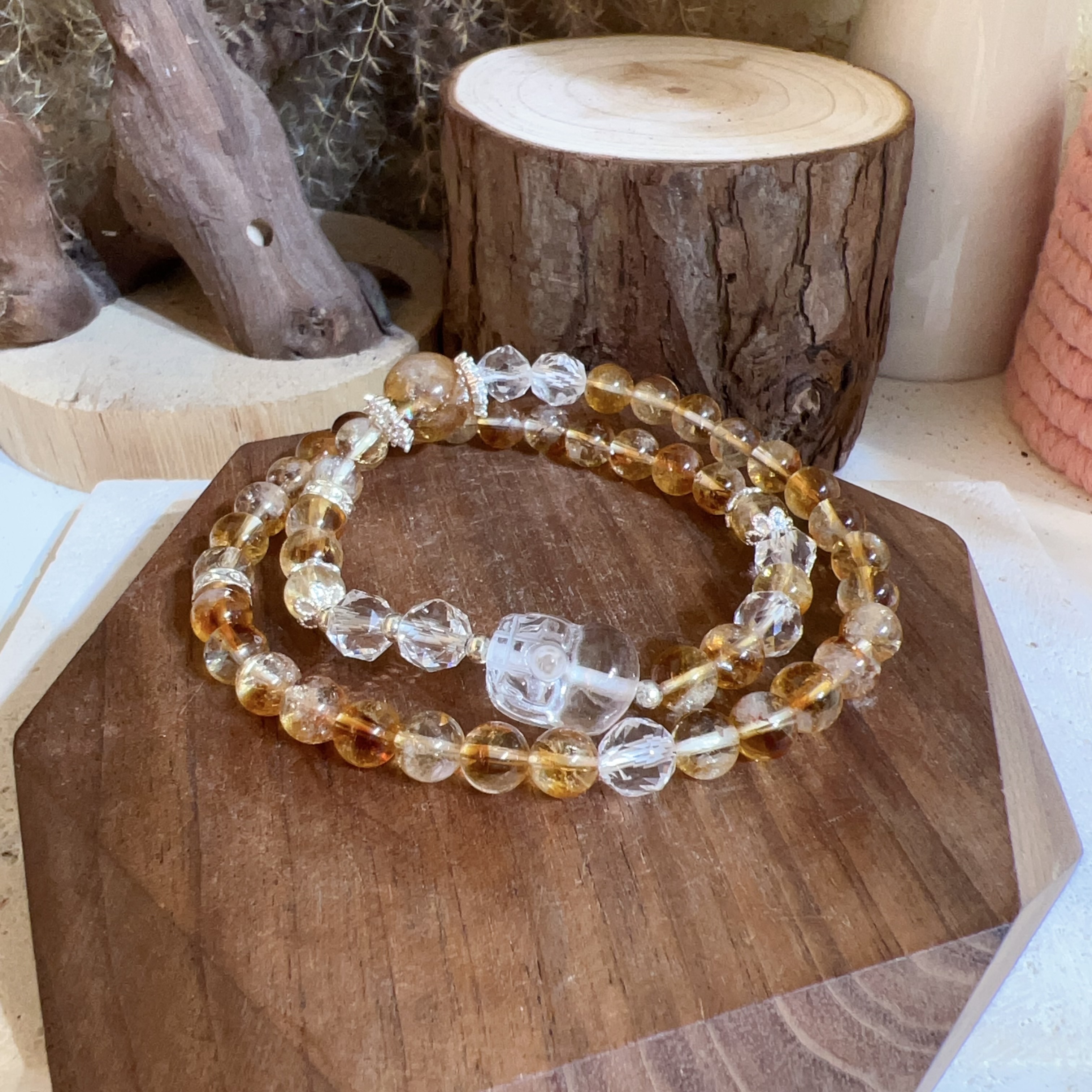 溏心黃水晶拼白水晶貔貅設計雙圈