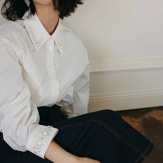 雲朵白立體珍珠翻領手袖造型襯衫S-M (Elegant & Love)