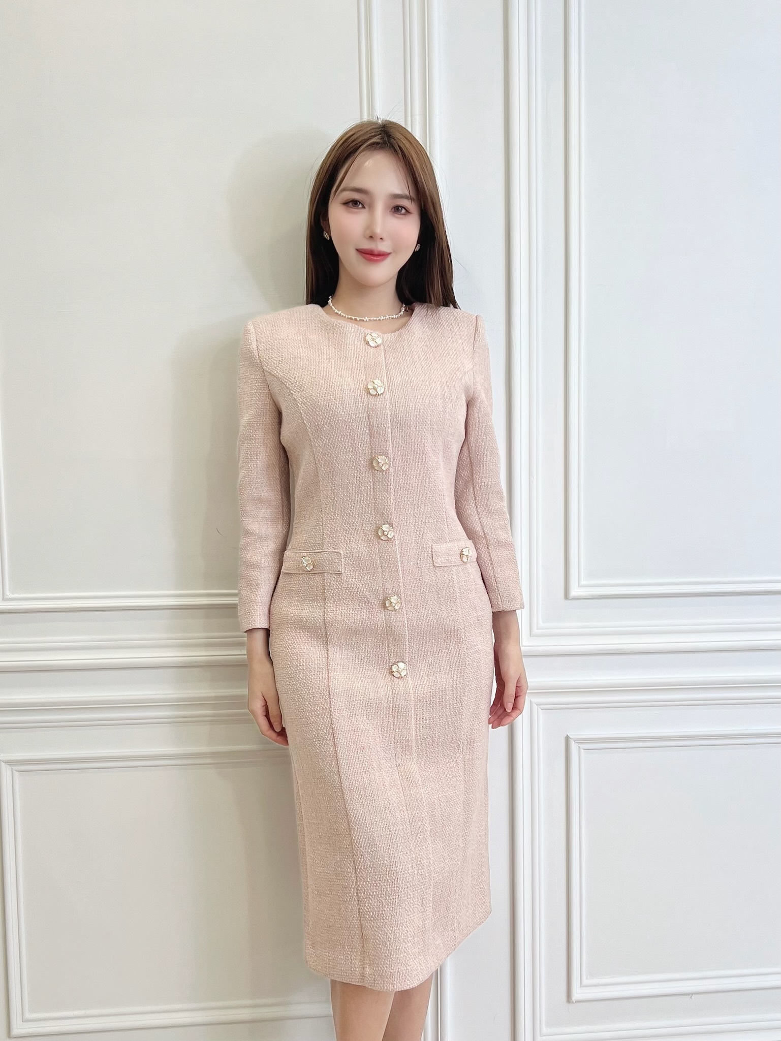 (經典小香風)毛呢織紋幸運草釦洋